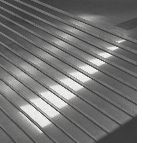 Light raking across a concrete stair — architectural detail